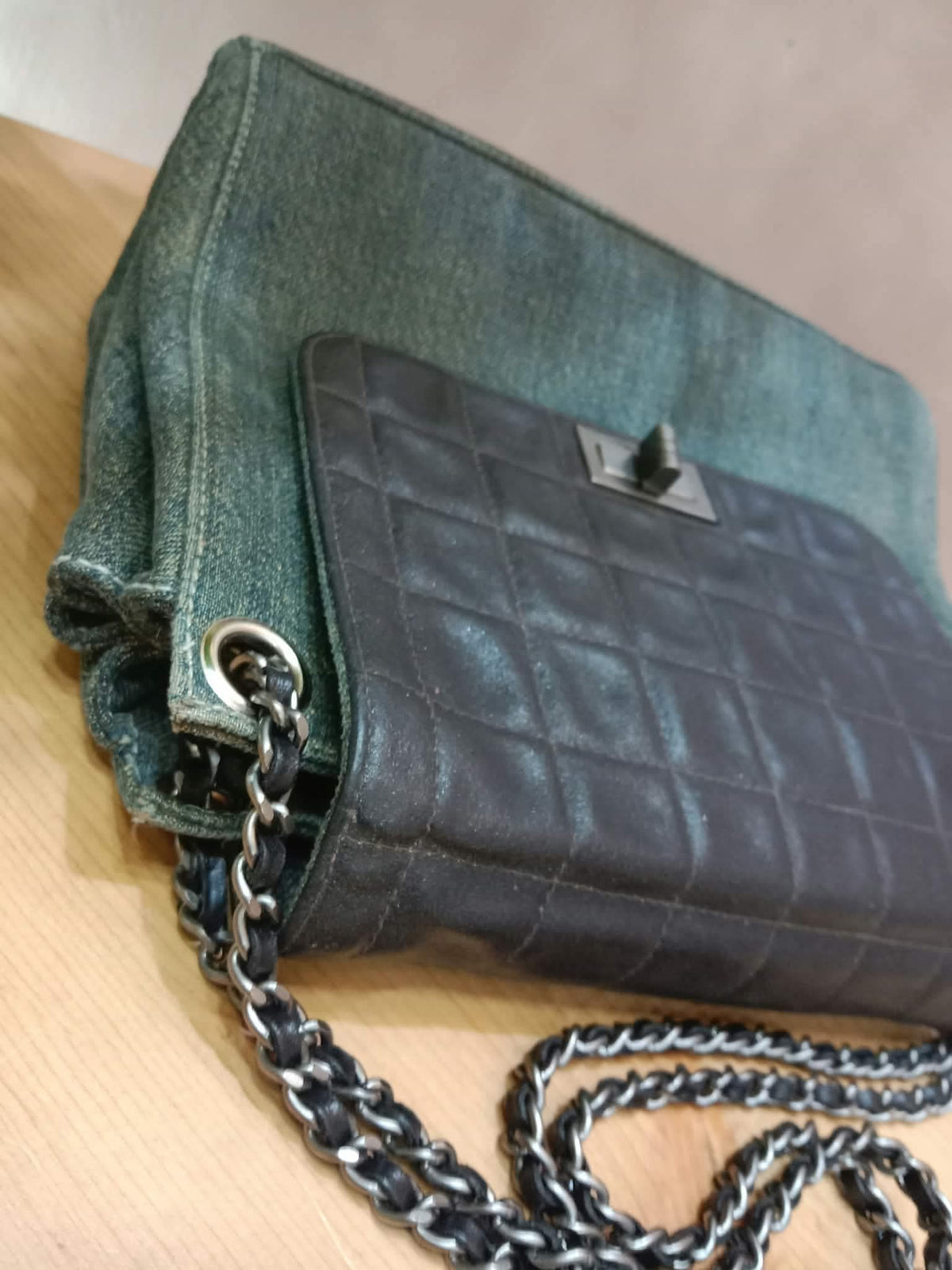 Chanel Vintage Denim and Leather Chocolate Bar Blue Green Denim Series 6