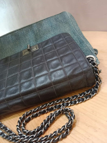 Chanel Vintage Denim and Leather Chocolate Bar Blue Green Denim Series 6