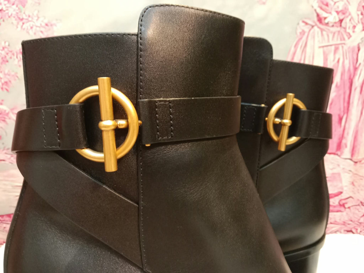 Hermes Jill 60 Ankle Boots Black Calfskin Aged Golden "Glenan" Nautical-Style Buckle Size 38.5