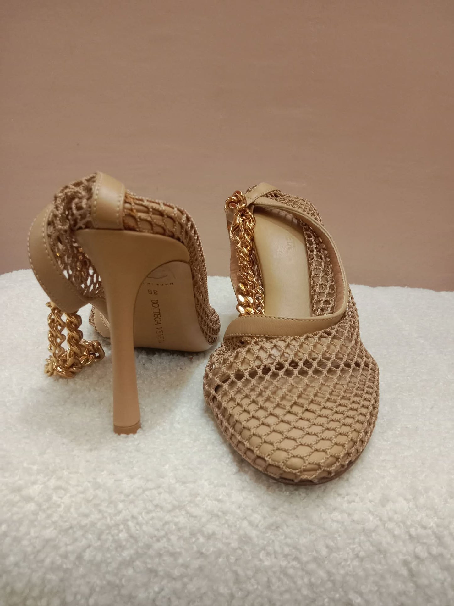 Bottega Veneta Mesh Nappa Chunky Chain Sandals Beige Size 36