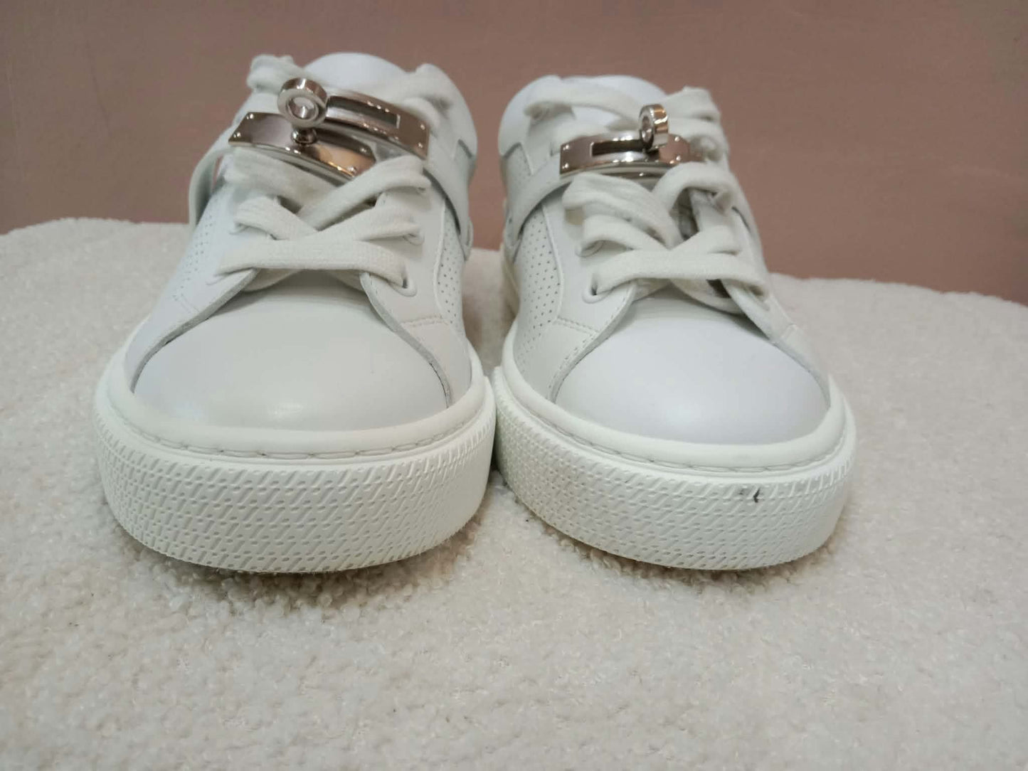 Hermes Day White Kelly Sneakers Rose Gold Buckle Size 35