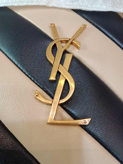 Saint Laurent Alix Stripes Quilted Leather Bucket Bag Bicolor Beige/Black