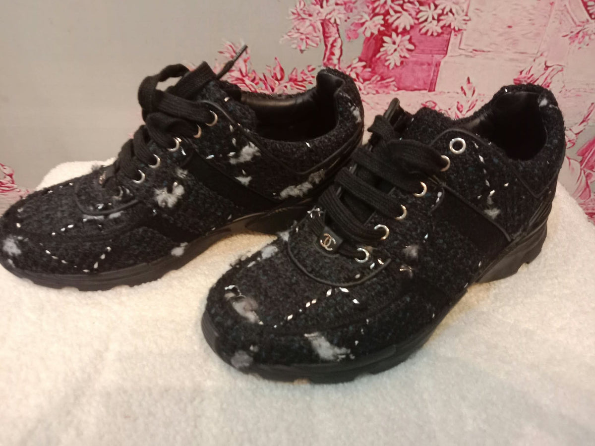 Chanel Tweed Sneakers Silver CC Logo 39 1/2