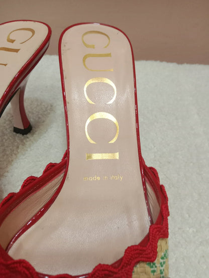 Gucci Kertu Mule Heels Red Patent Leather Trim and Bow Detail Size 36