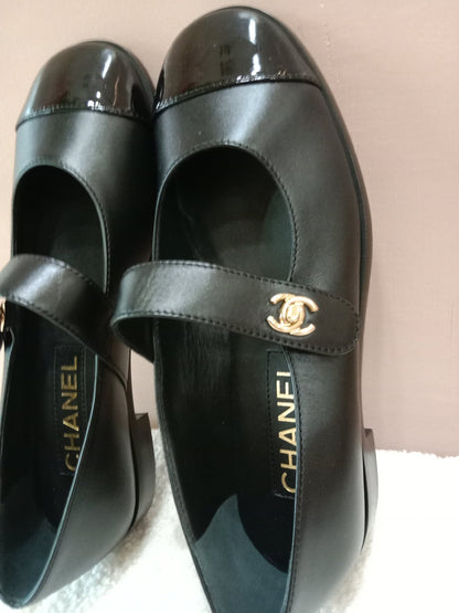 Chanel Mary Jane CC Clasp Flats Black Size 36.5