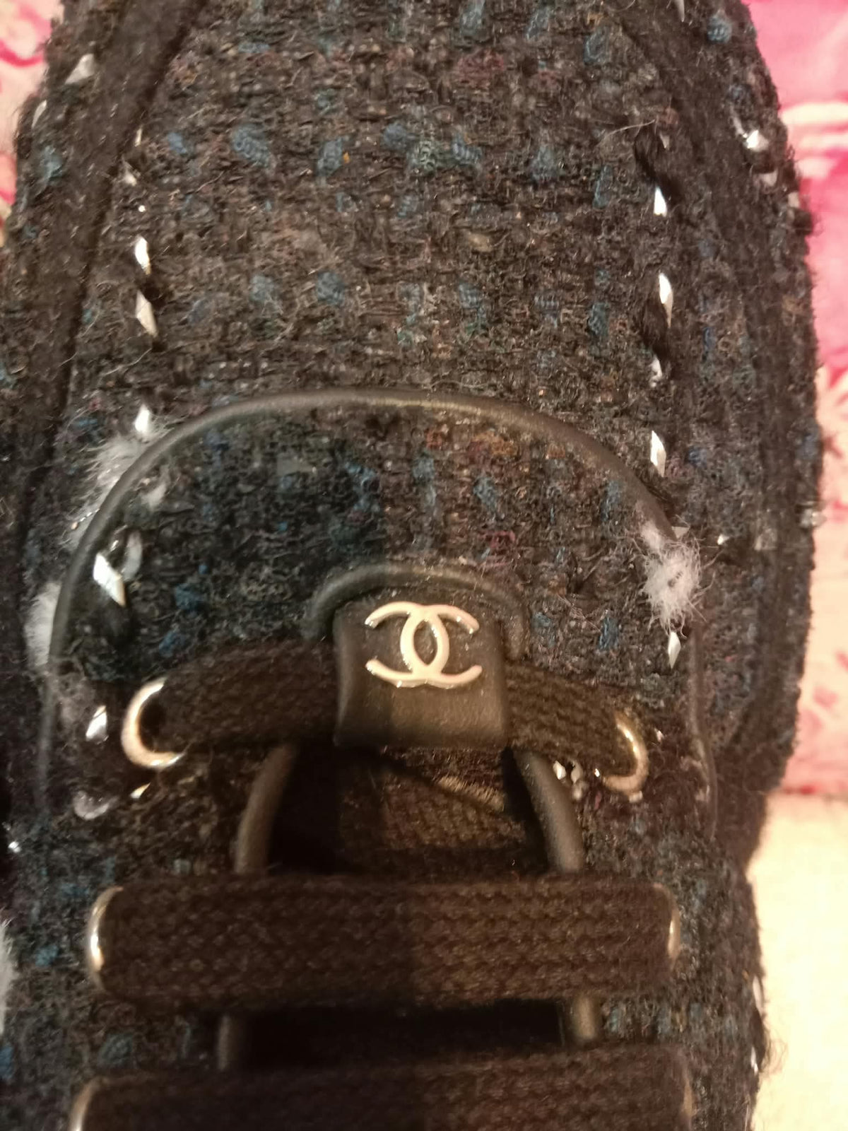 Chanel Tweed Sneakers Silver CC Logo 39 1/2