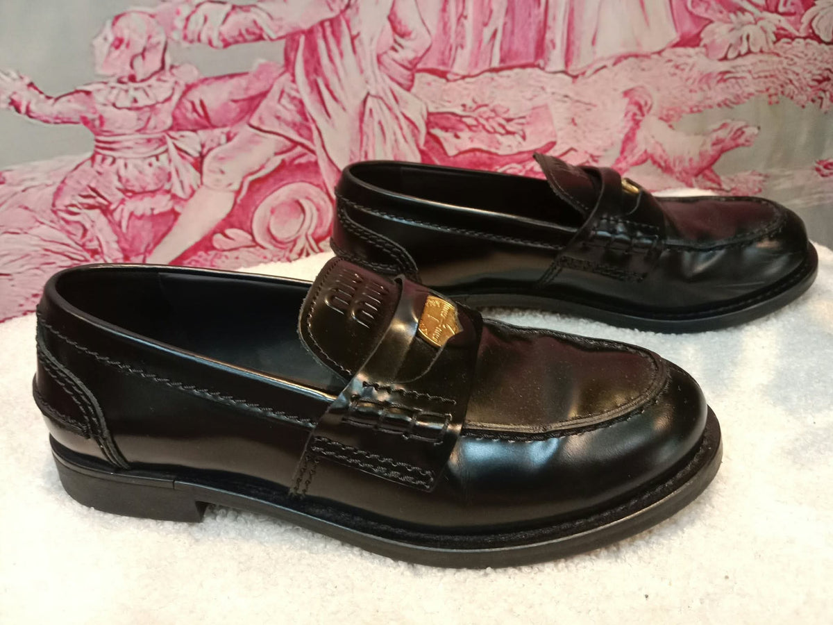 Miu Miu Brushed Penny Loafers Leather Black Size 35