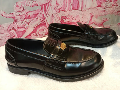 Miu Miu Brushed Penny Loafers Leather Black Size 35