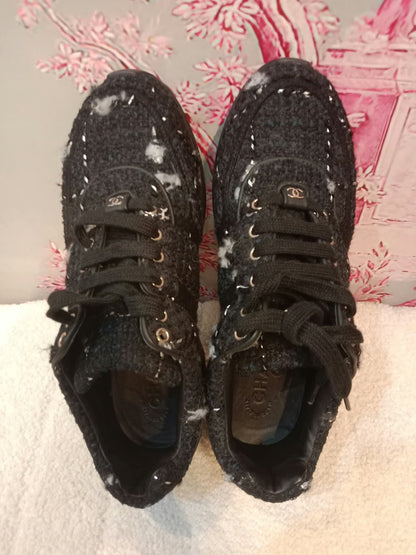 Chanel Tweed Sneakers Silver CC Logo 39 1/2