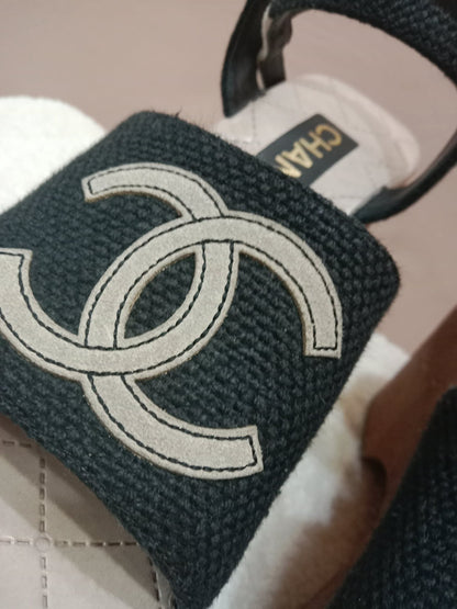 Chanel Wedge Sandals Black Canvas Embroidered Interlocking CC Logo Size 36