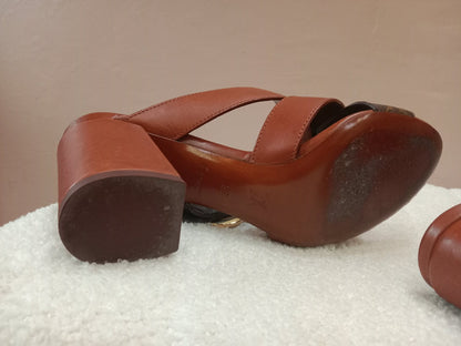 Louis Vuitton Horizon Block Heels Slide Sandals Monogram Leather Brown Size 36