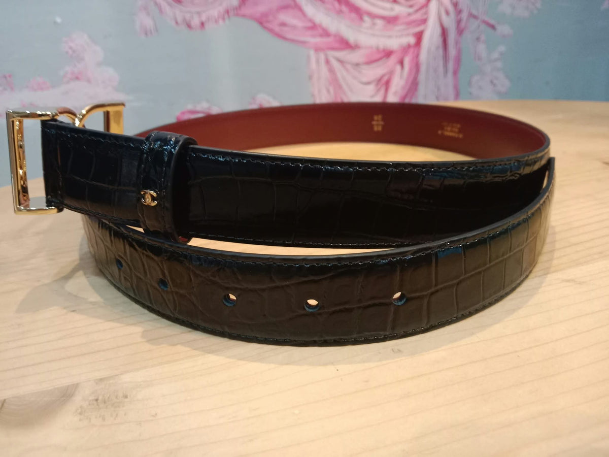 Chanel Crocodile Embossed Calfskin & Metal Belt Black Brandnew