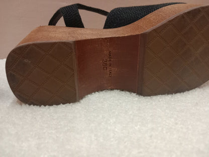 Chanel Wedge Sandals Black Canvas Embroidered Interlocking CC Logo Size 36