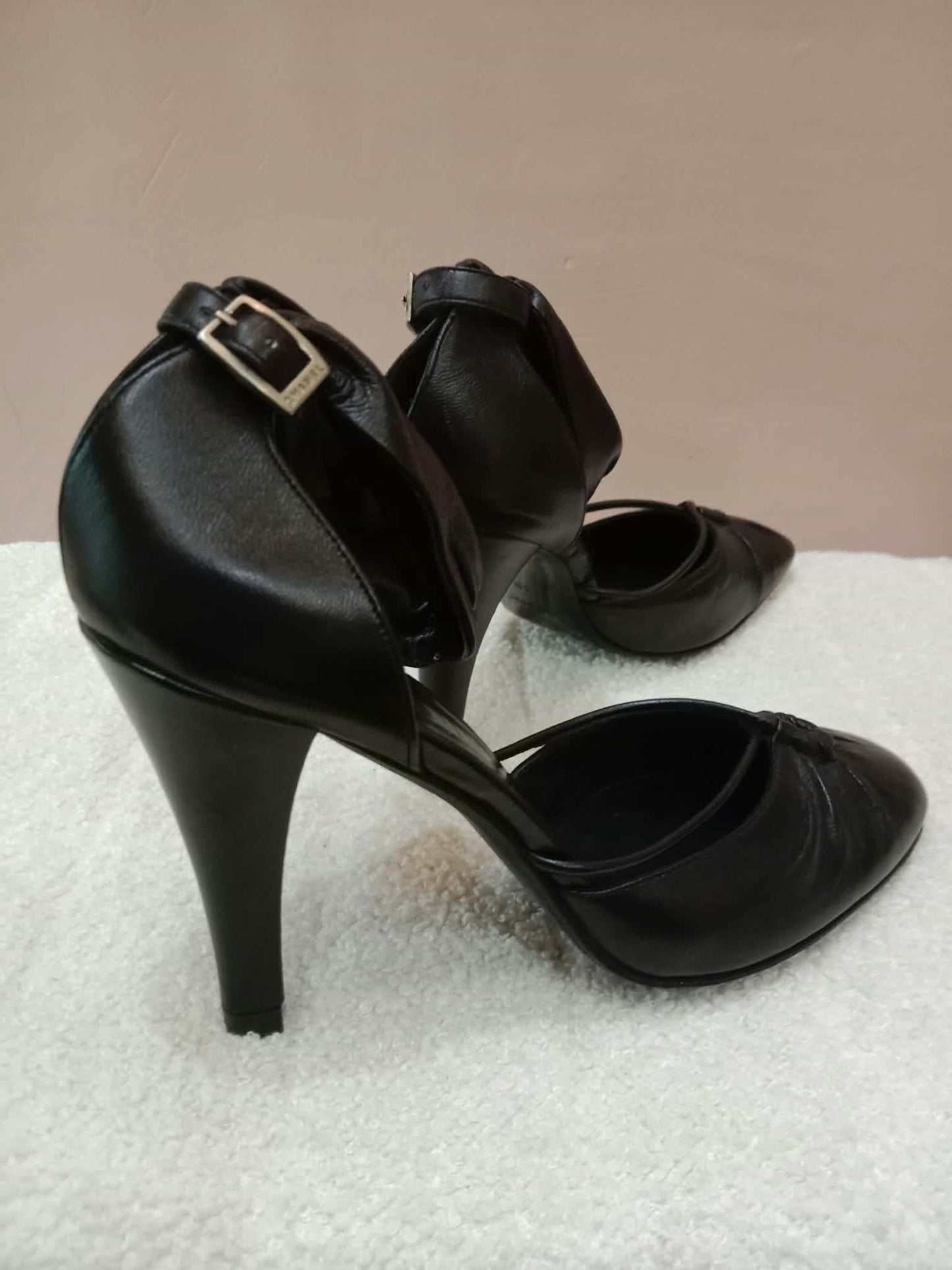 Chanel Black Leather Heels Knotted Toe Design and Draped Ankle Cuff Black Size 38