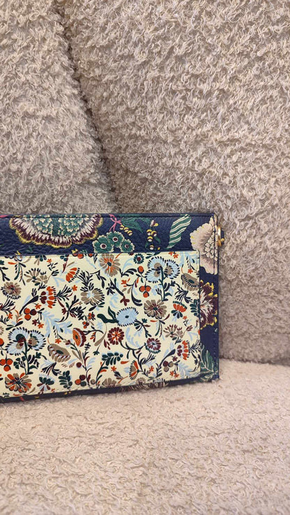Tory Burch Floral Long Wallet Blue with Long Tassel Scarf Key Fob