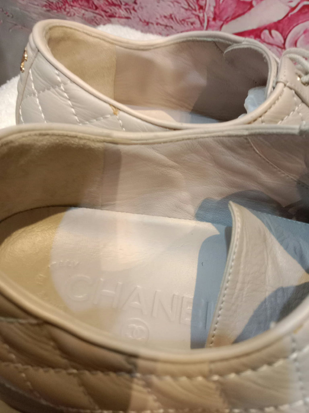Chanel Interlocking CC Logo Metallic Gold/Beige Lace-up Sneakers with Black Cap Toe Size 35