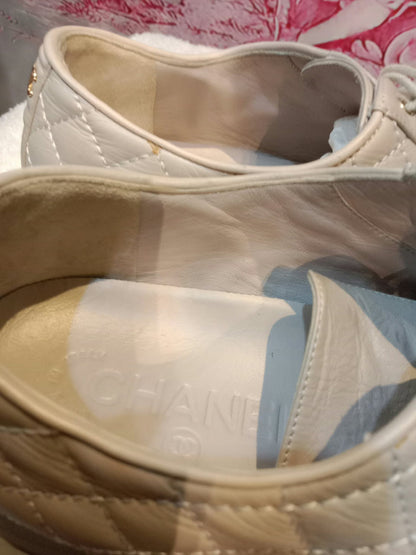 Chanel Interlocking CC Logo Metallic Gold/Beige Lace-up Sneakers with Black Cap Toe Size 35