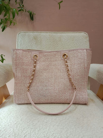 Chanel Deauville Tote Tweed Pink Microchipped
