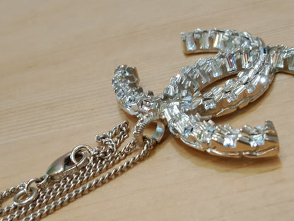Chanel Crystal CC Pendant Crystal Necklace Silver