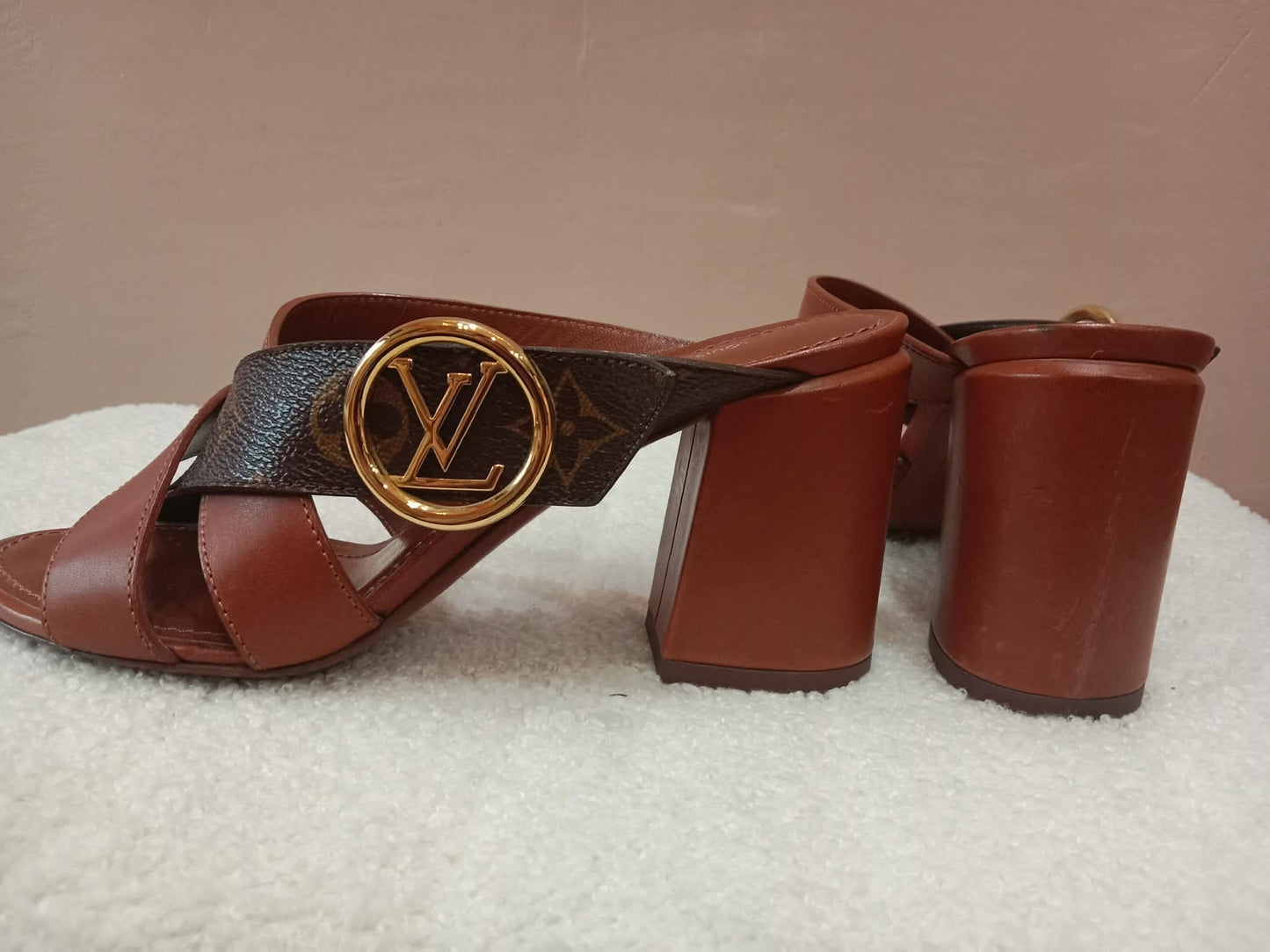 Louis Vuitton Horizon Block Heels Slide Sandals Monogram Leather Brown Size 36