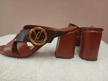 Louis Vuitton Horizon Block Heels Slide Sandals Monogram Leather Brown Size 36