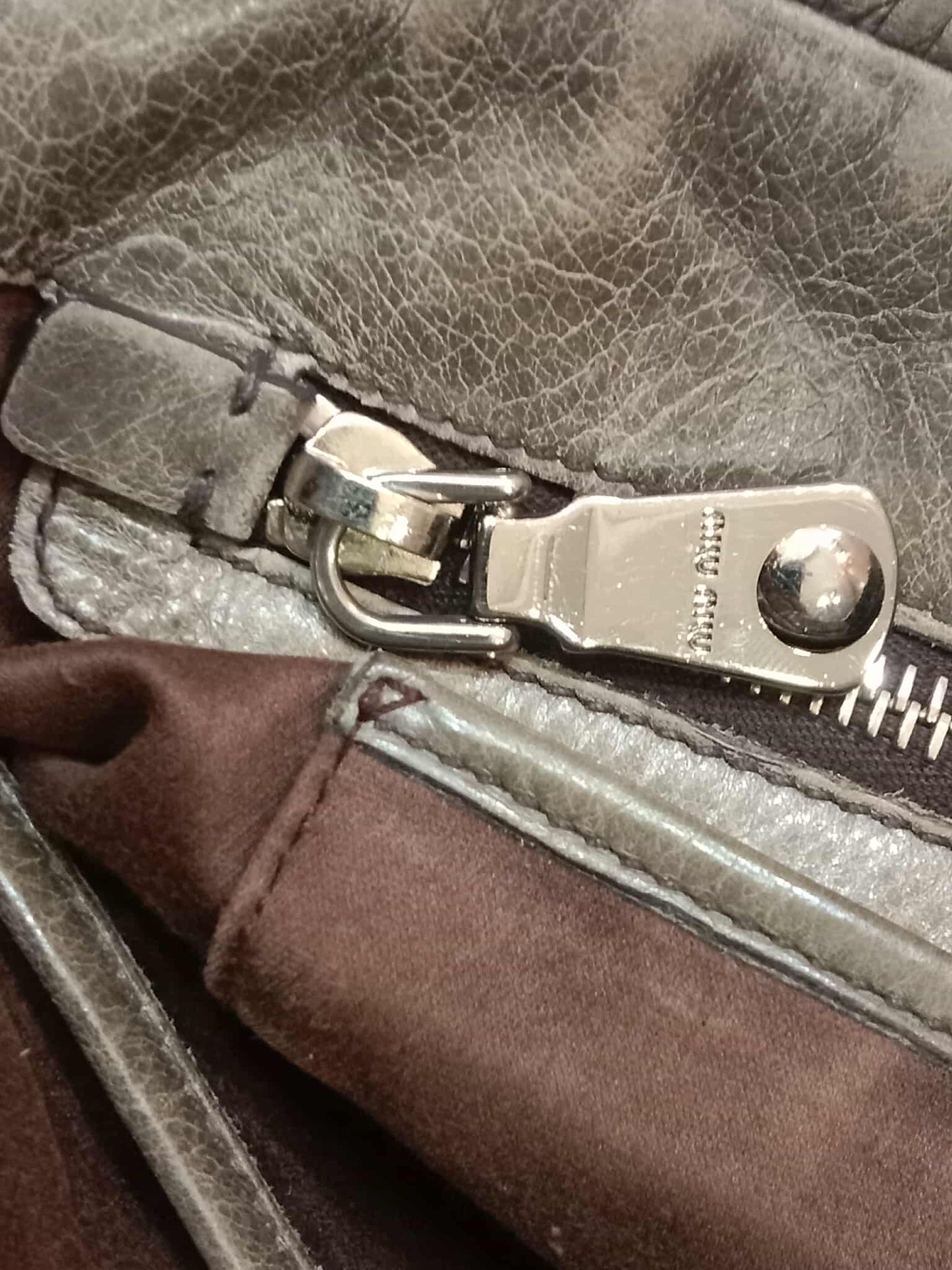 Miu Miu Leather Tote Bag Grey with Crystal Embellished Strap