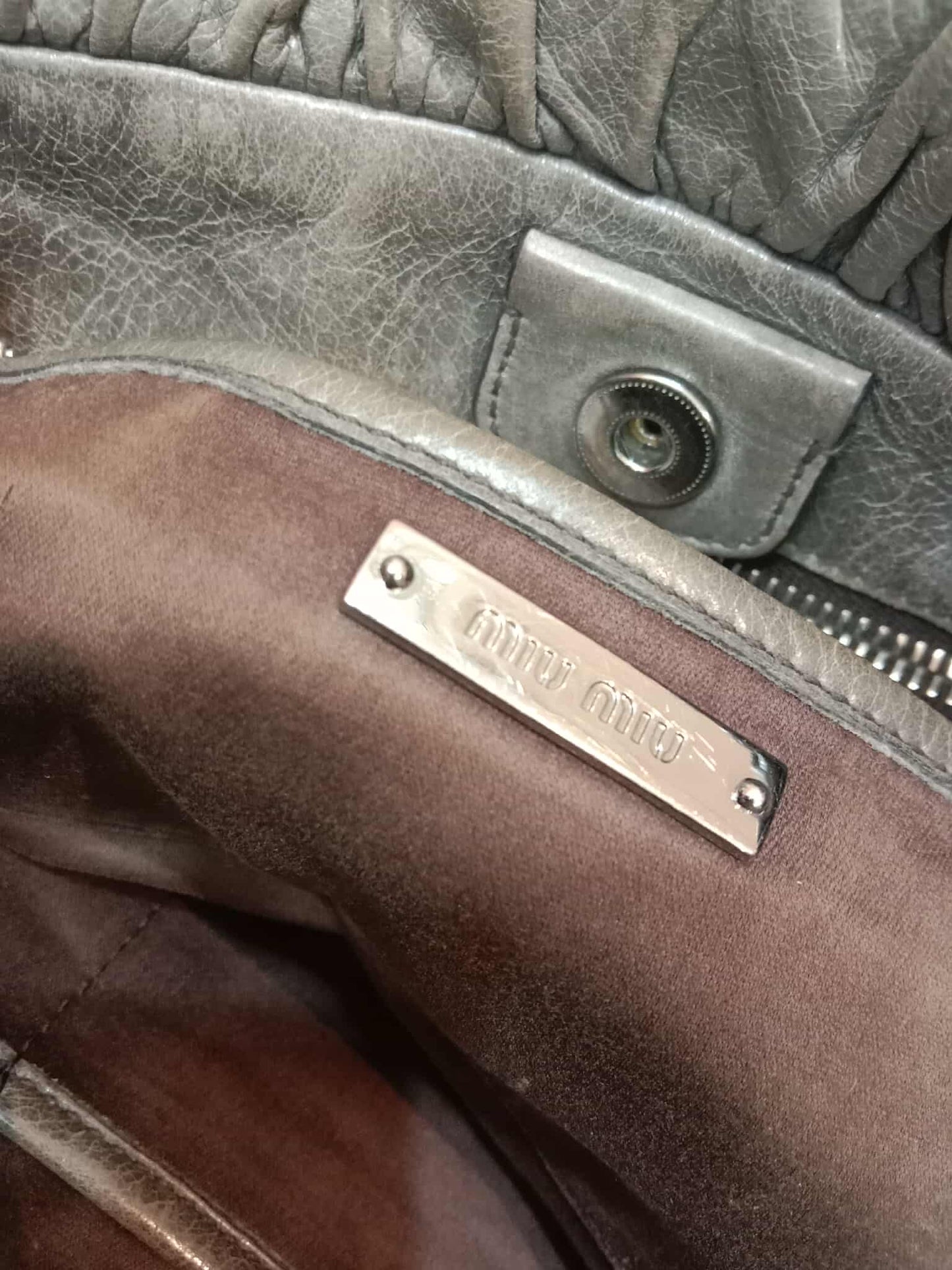 Miu Miu Leather Tote Bag Grey with Crystal Embellished Strap