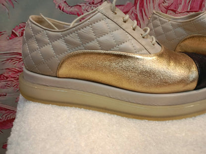 Chanel Interlocking CC Logo Metallic Gold/Beige Lace-up Sneakers with Black Cap Toe Size 35