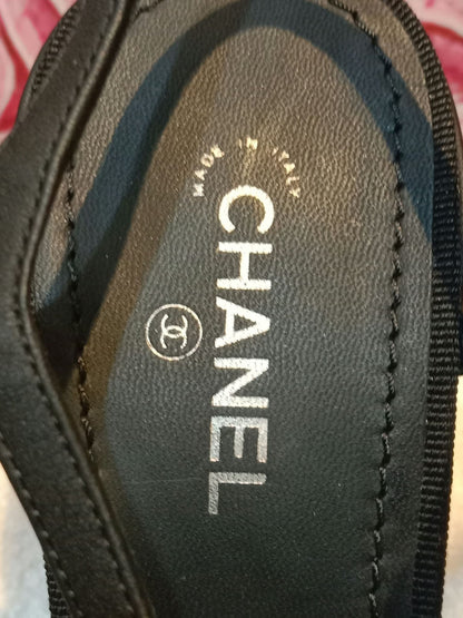 Chanel Ankle-Strap Tiered Bow CC Logo Sandals Black Size 37 1/2
