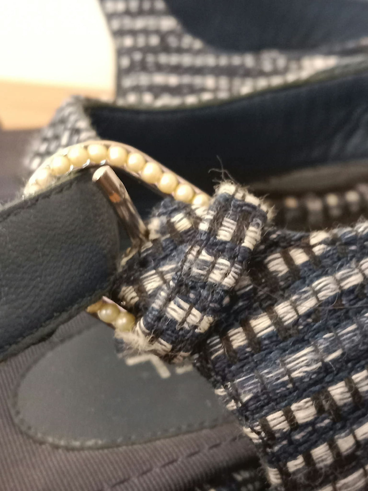 Chanel Navy Tweed Faux Pearl Trimmed Sandals Size 37