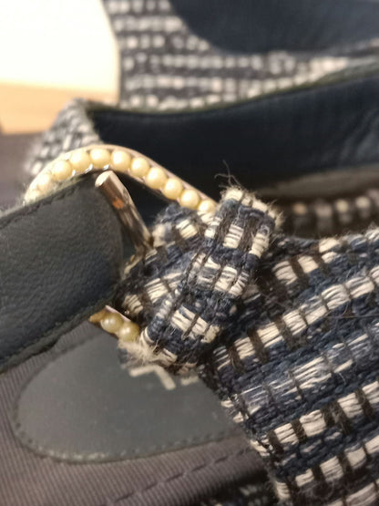 Chanel Navy Tweed Faux Pearl Trimmed Sandals Size 37