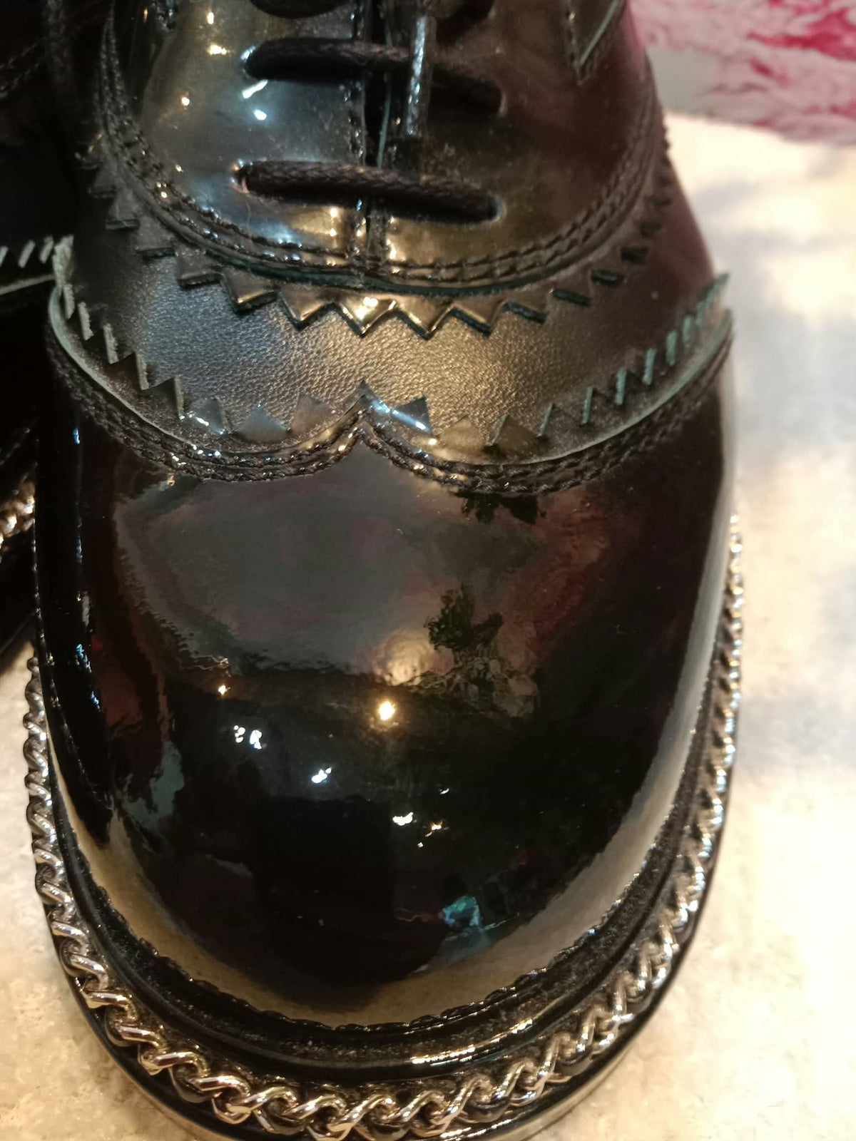 Chanel Black Patent Calfskin CC Brogue Lace-Up Oxford Size 38