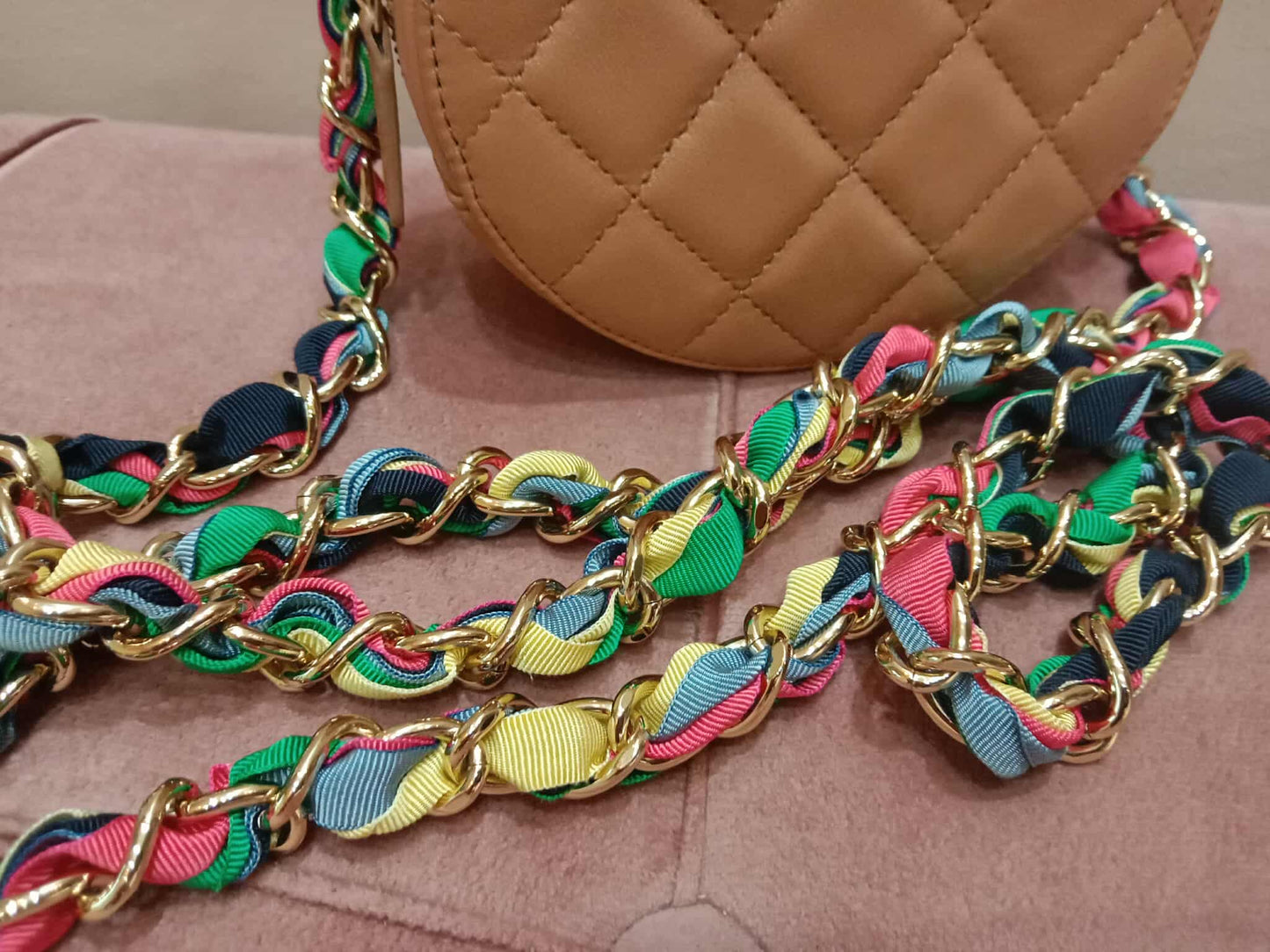 Chanel 21P Round Clutch Lambskin with Multicolor Ribbon-Woven Chain Strap Caramel Series 30