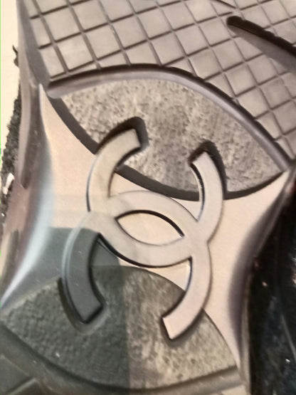 Chanel Tweed Sneakers Silver CC Logo 39 1/2