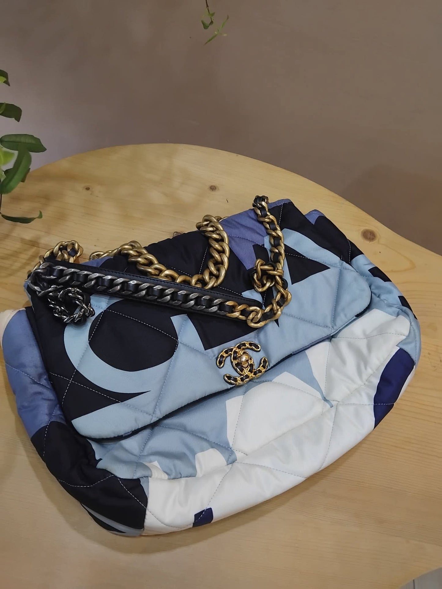 Chanel 19 Printed Silk Blue-Toned Quilted Maxi Flap Bag Series 30