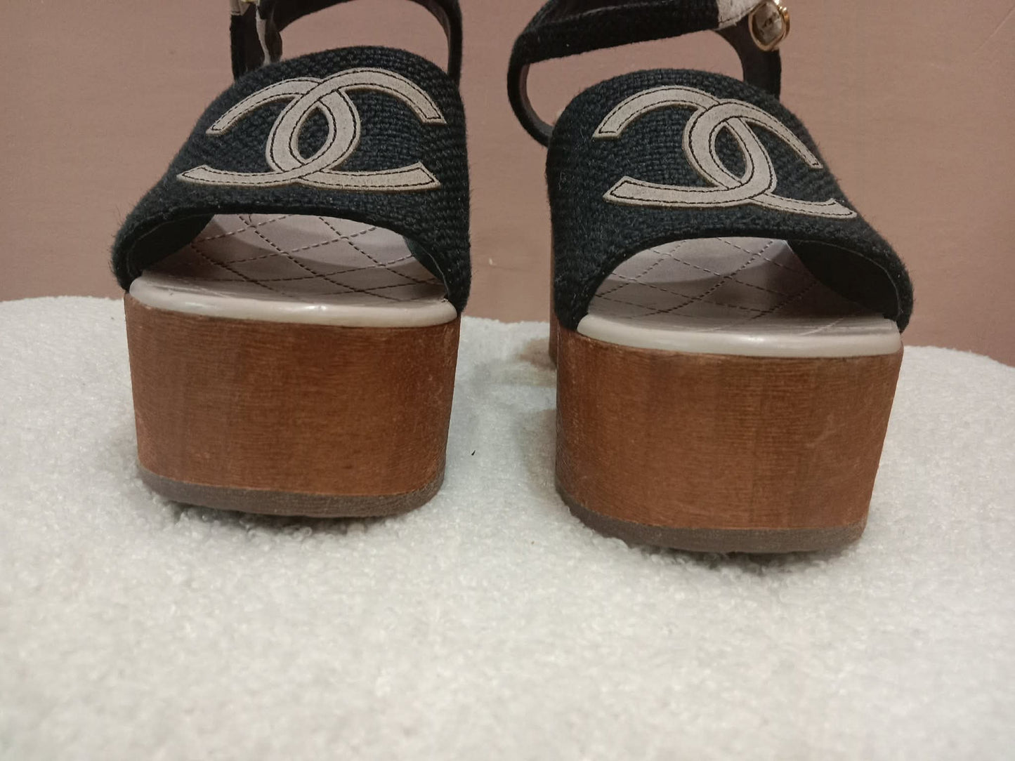 Chanel Wedge Sandals Black Canvas Embroidered Interlocking CC Logo Size 36