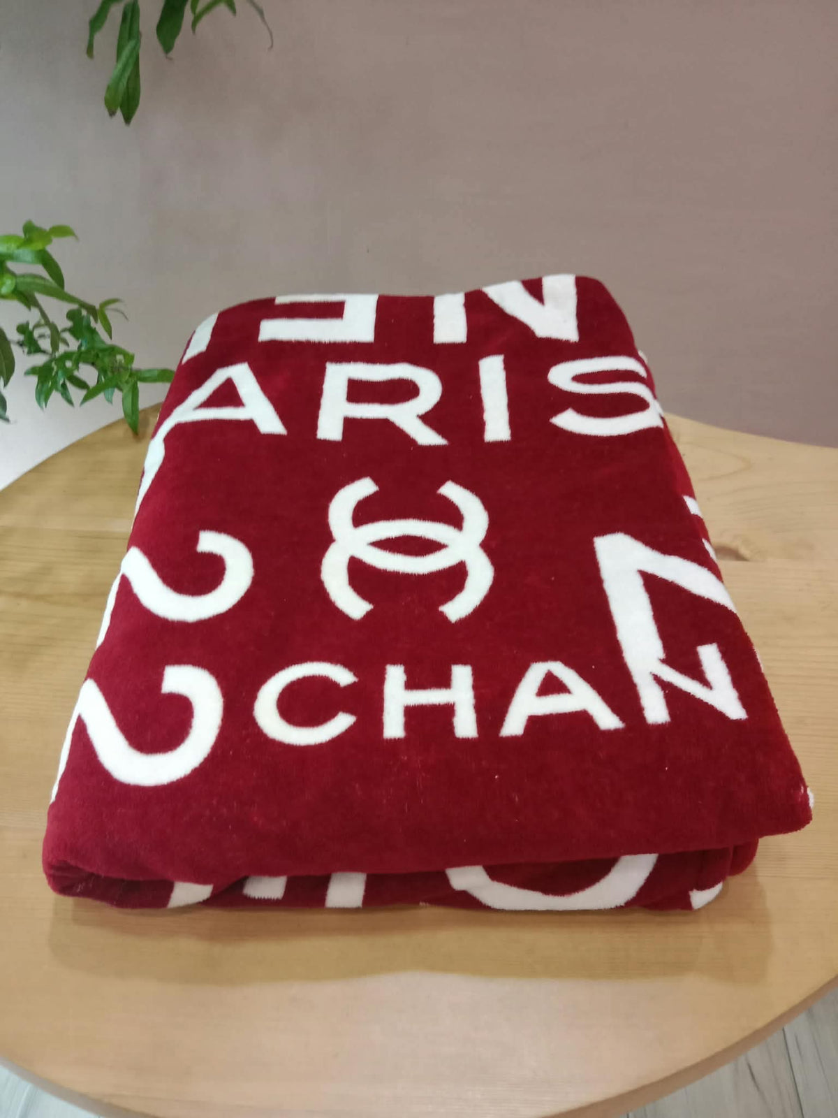 Chanel By Sea Line Cotton Blanket featuring Large printed Leather