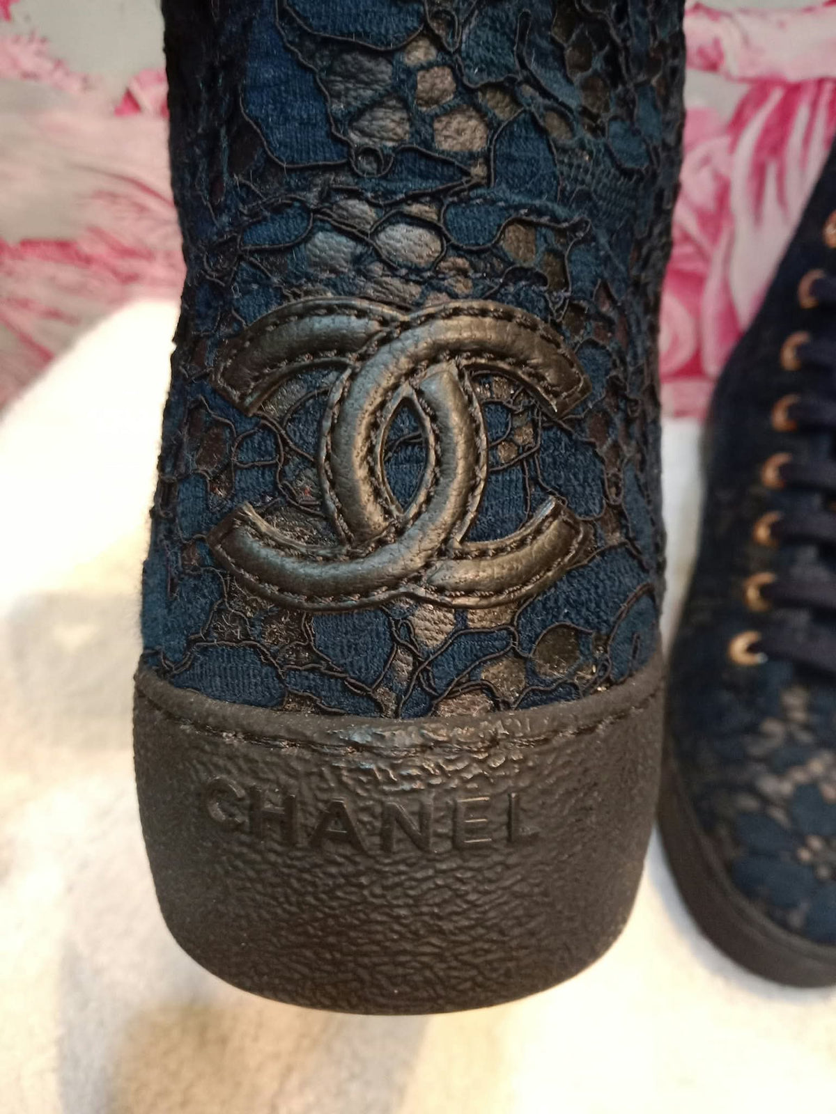 Chanel Navy Blue Floral Lace-Embossed Fabric Hih Top Sneakers Size 37 1/2