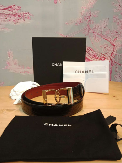 Chanel Crocodile Embossed Calfskin & Metal Belt Black Brandnew