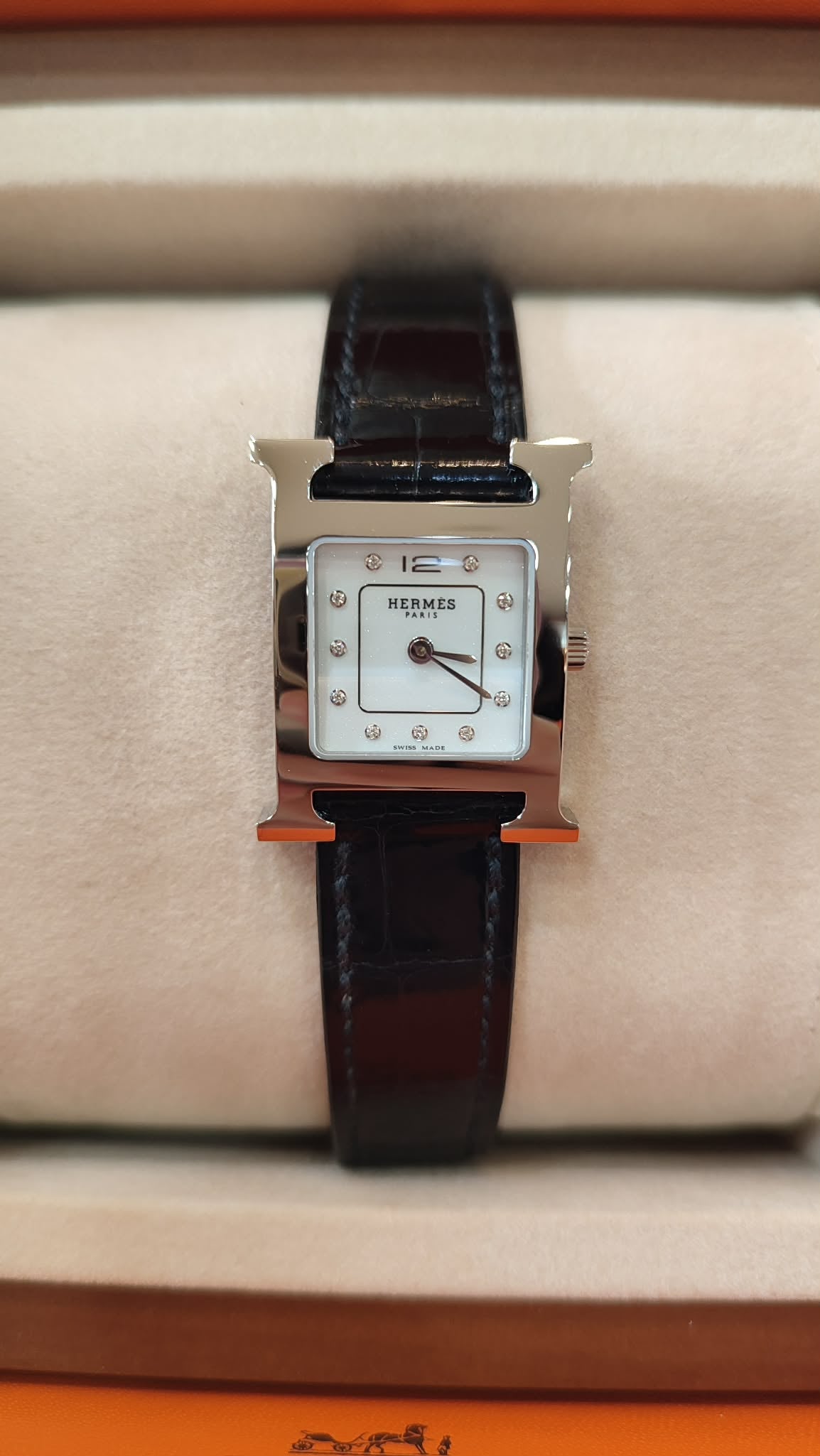 Hermes H Watch Noir Croc Leather Strap