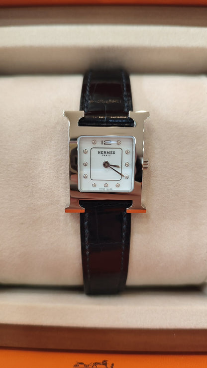 Hermes H Watch Noir Croc Leather Strap