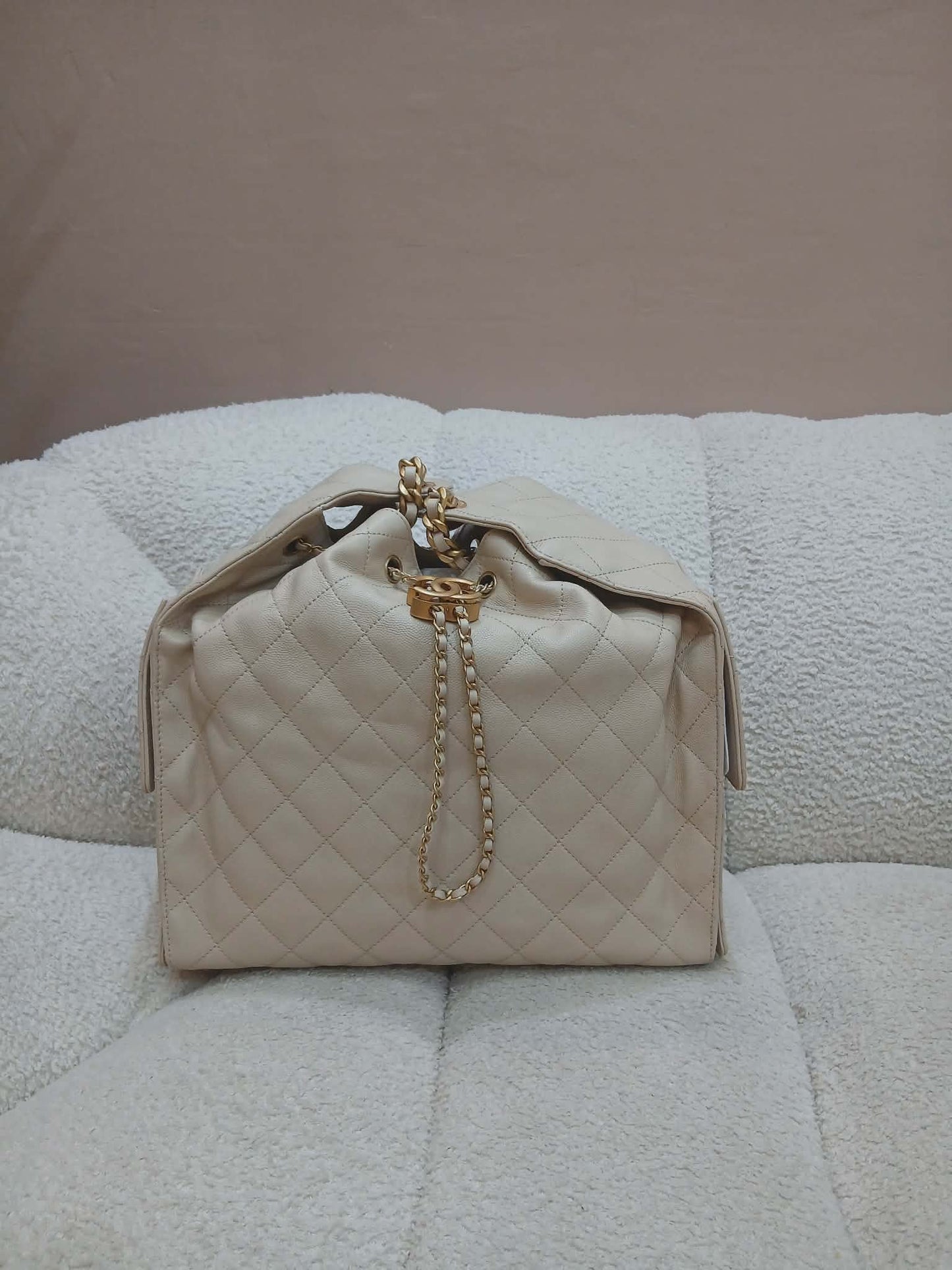 Chanel 25 Beige Caviar Medium Microchipped