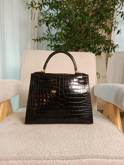 Hermes Kelly 28 Crocodile Noir Stamp S Circle 1989
