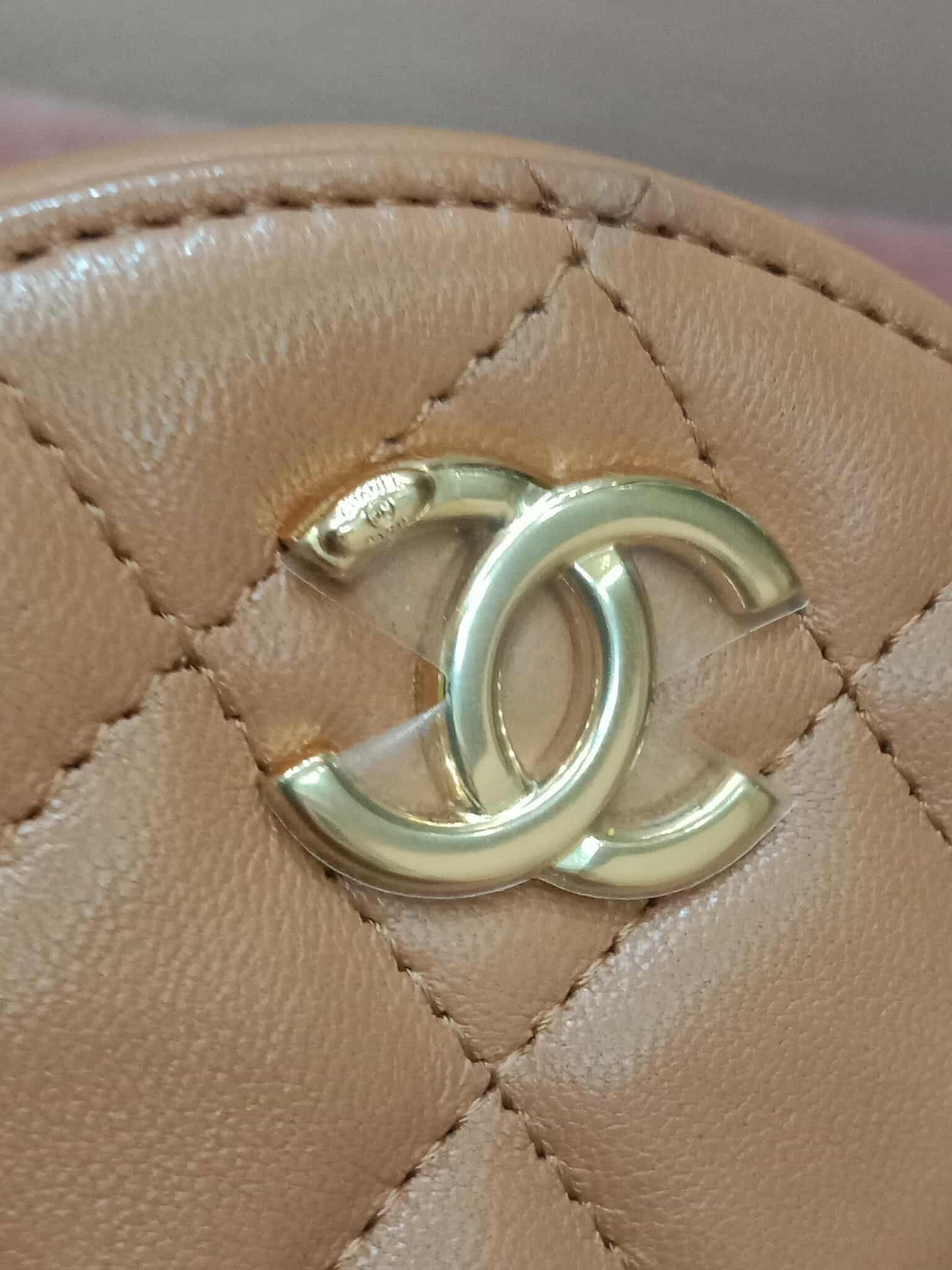 Chanel 21P Round Clutch Lambskin with Multicolor Ribbon-Woven Chain Strap Caramel Series 30