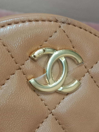 Chanel 21P Round Clutch Lambskin with Multicolor Ribbon-Woven Chain Strap Caramel Series 30