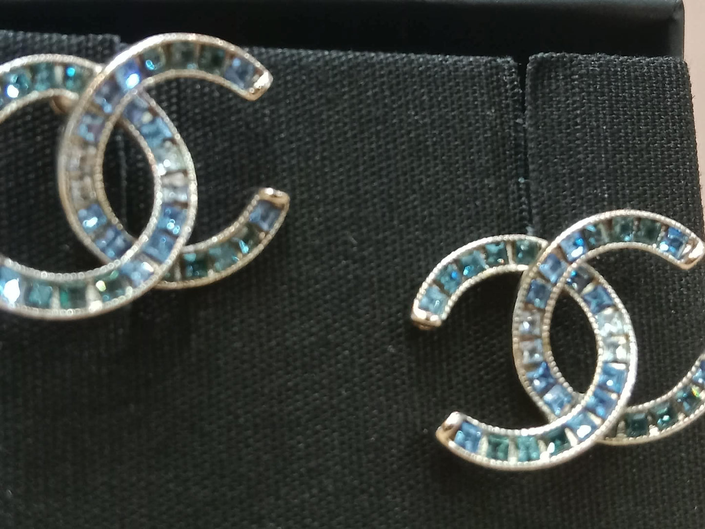 Chanel CC Silver Blue Princess Crystal Stud Earrings