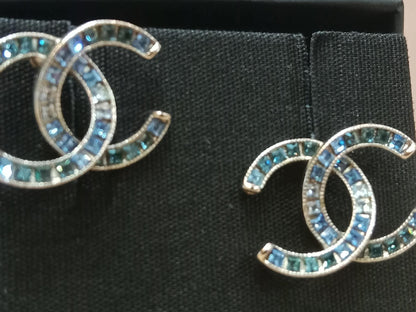 Chanel CC Silver Blue Princess Crystal Stud Earrings