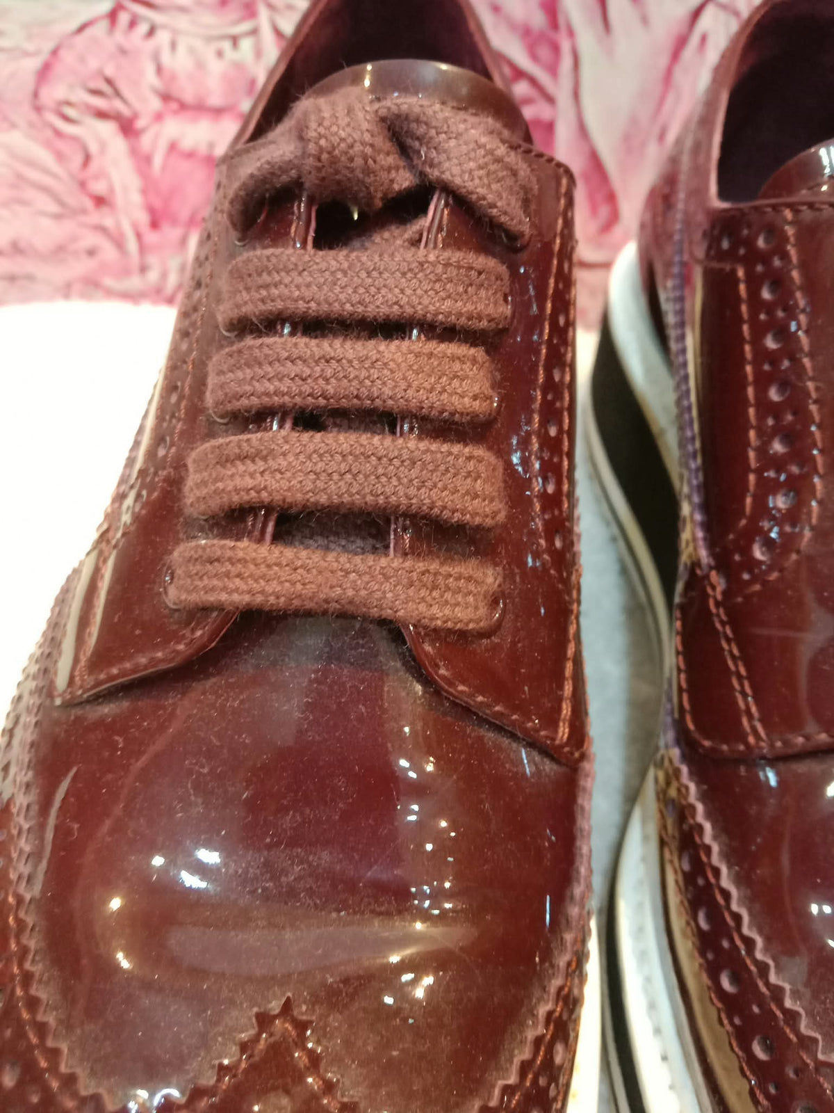 Prada Wingtip Brogue Derby Patent Platform Burgundy Size 37.5