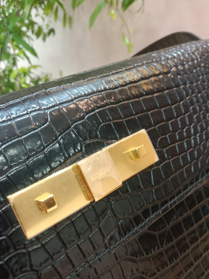 Saint Laurent Manhattan Crocodile Embossed Leather Black