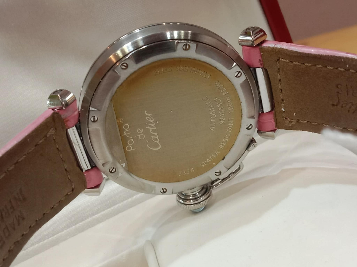 Cartier Pasha C Pink Blue Limited Edition Watch 35mm Stainless Steel Case Pink Alligator Leather Strap